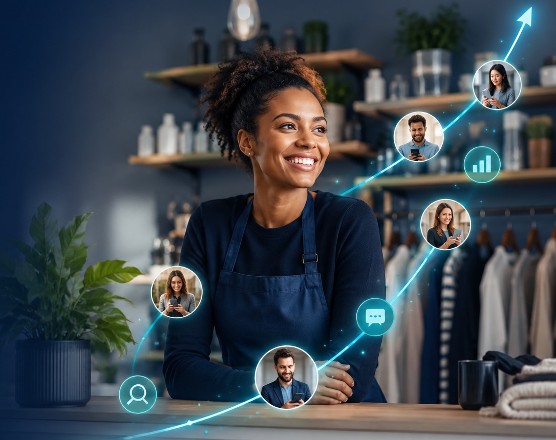 Local business owner using digital growth tools to attract customers and grow her business